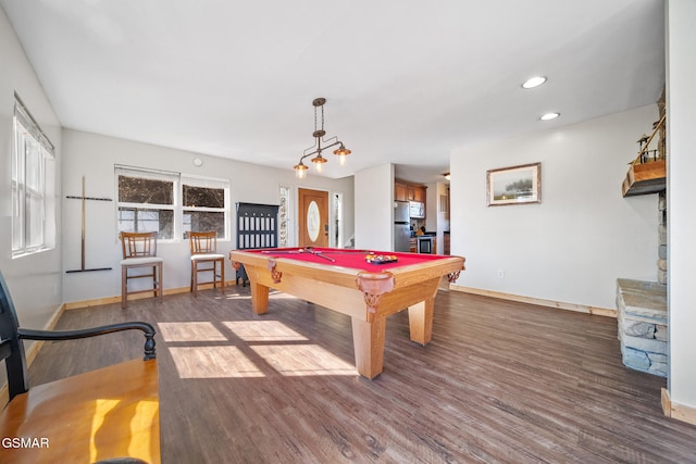 recreation room with dark hardwood / wood-style flooring and pool table