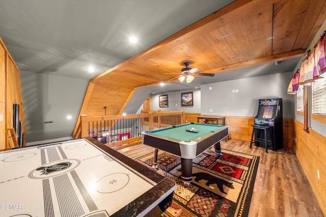 playroom with a wainscoted wall, pool table, wood walls, wood finished floors, and wooden ceiling