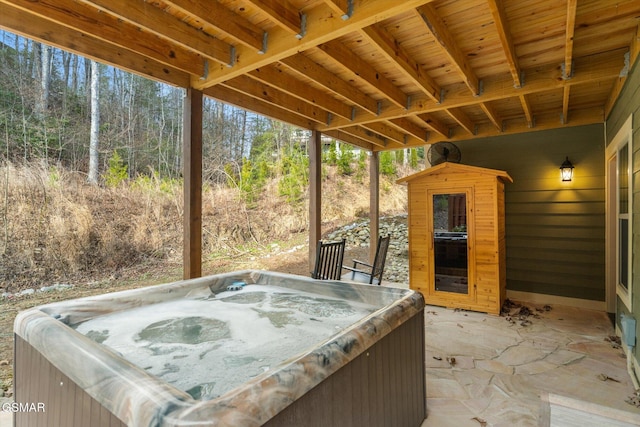 view of patio featuring a hot tub