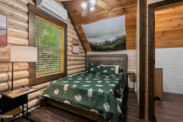 3040 Grassy Branch Loop, Sevierville, TN 37876 - bedroom featuring a wall mounted air conditioner, rustic walls, lofted ceiling, wood finished floors, and wooden ceiling