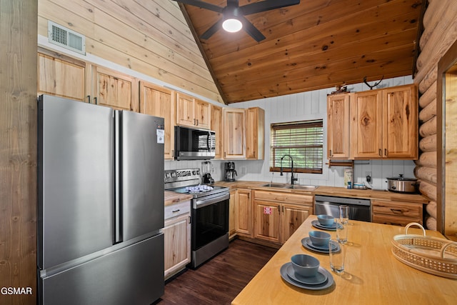 3040 Grassy Branch Loop, Sevierville, TN 37876 - kitchen with appliances with stainless steel finishes, vaulted ceiling, a sink, butcher block countertops, and dark wood-style flooring