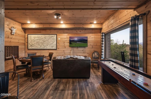 playroom featuring dark wood-type flooring, wood ceiling, and wooden walls