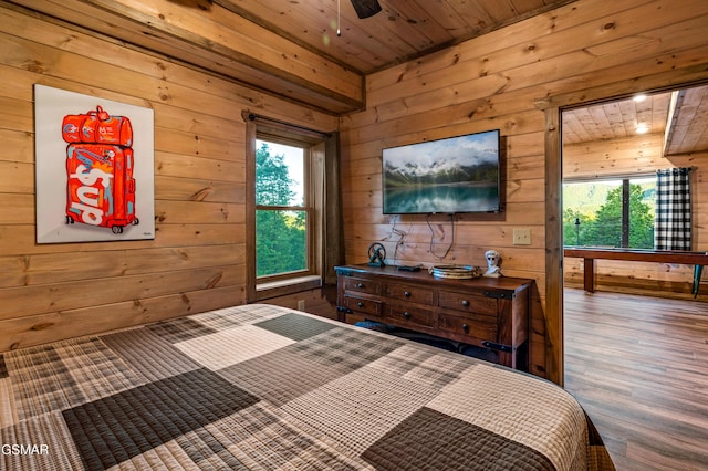 bedroom featuring hardwood / wood-style flooring, wooden ceiling, and wood walls