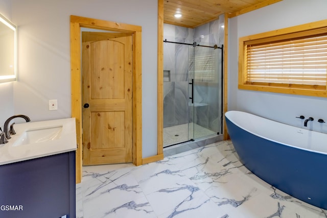 617 Davenport Rd, Gatlinburg, TN 37738 - bathroom with wood ceiling, a marble finish shower, a freestanding tub, vanity, and recessed lighting