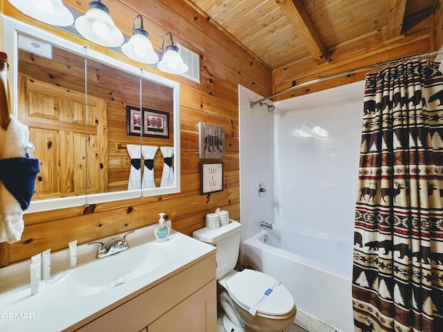 full bath with beamed ceiling, toilet, wooden walls, wooden ceiling, and shower / tub combo