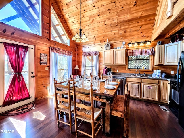 dining area featuring dark wood-type flooring, wooden walls, an inviting chandelier, and wooden ceiling