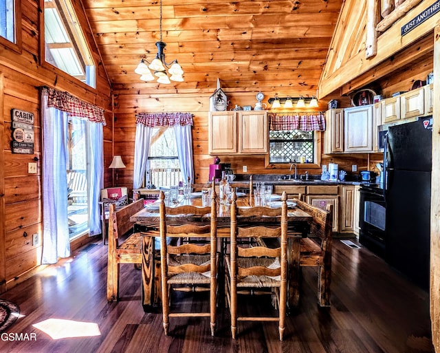 dining space with dark wood-style floors, wood ceiling, wood walls, and a chandelier