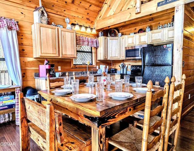 dining room featuring dark wood finished floors, wooden walls, wood ceiling, and lofted ceiling