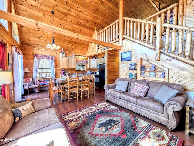 living area featuring high vaulted ceiling, wood walls, wood ceiling, and dark wood-style flooring