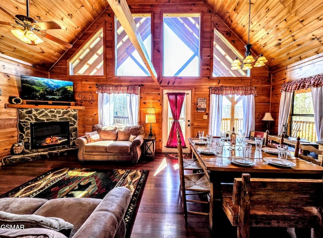 dining area featuring wooden walls, wooden ceiling, wood finished floors, plenty of natural light, and a ceiling fan