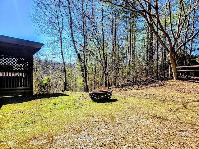 view of yard featuring an outdoor fire pit and a view of trees