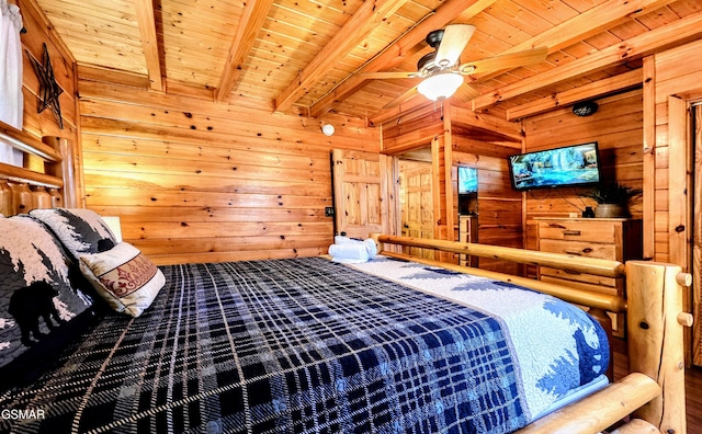 bedroom featuring beam ceiling, wood ceiling, wood walls, and carpet flooring