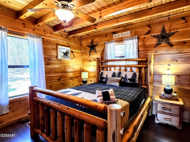 bedroom with wooden ceiling, wood finished floors, and wood walls