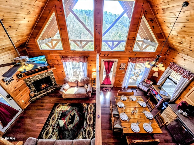 unfurnished living room with wood finished floors, wood ceiling, a fireplace, and wood walls