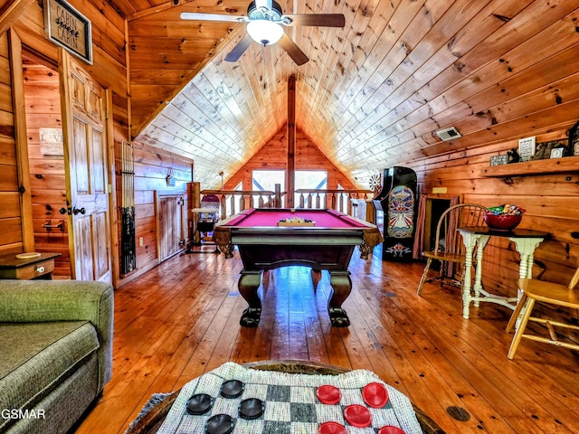 game room with wood-type flooring, wooden ceiling, wood walls, and vaulted ceiling