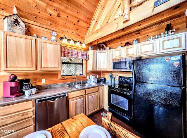 kitchen with wooden walls, a sink, black appliances, vaulted ceiling, and wood ceiling