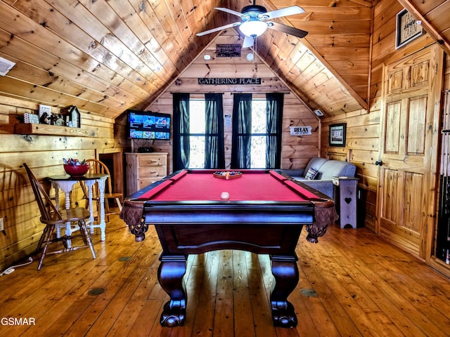 playroom featuring hardwood / wood-style floors, lofted ceiling, wooden walls, and wood ceiling