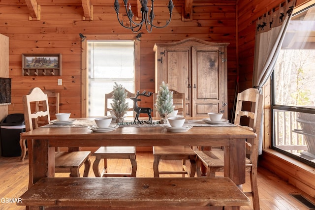 dining space featuring light wood finished floors, visible vents, beamed ceiling, and wood walls