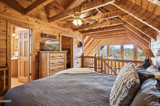 bedroom featuring wooden ceiling, vaulted ceiling with beams, and wooden walls