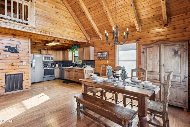 dining area with light wood-style flooring, a notable chandelier, wooden walls, wood ceiling, and beamed ceiling