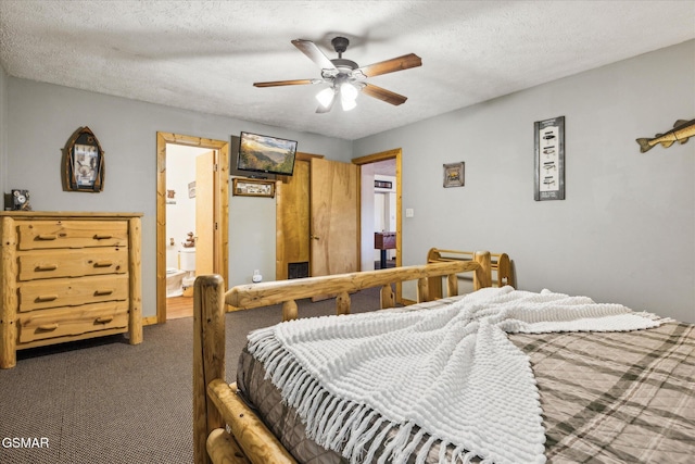 carpeted bedroom featuring connected bathroom, ceiling fan, and a textured ceiling