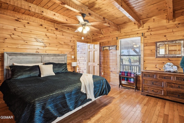 bedroom featuring wooden ceiling, wood walls, beamed ceiling, and wood finished floors