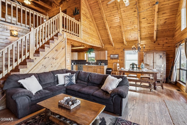 living area with wooden ceiling, light wood-style flooring, wooden walls, and stairs