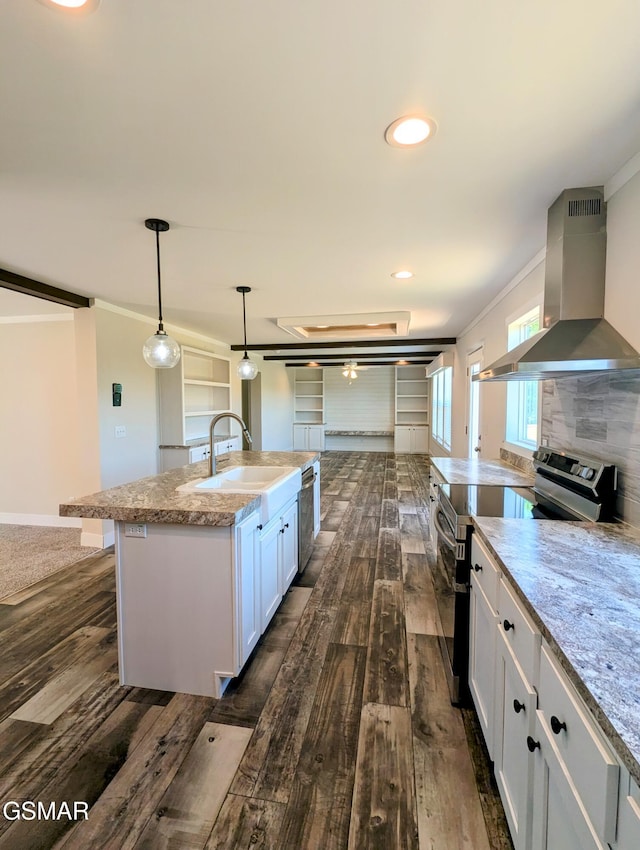 141 Hill Loop, Madisonville, TN 37354 - kitchen featuring wall chimney exhaust hood, stainless steel appliances, ornamental molding, a sink, and dark wood-style flooring
