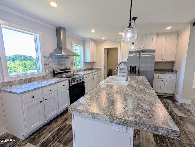 141 Hill Loop, Madisonville, TN 37354 - kitchen featuring wall chimney exhaust hood, stainless steel appliances, a sink, white cabinetry, and ornamental molding