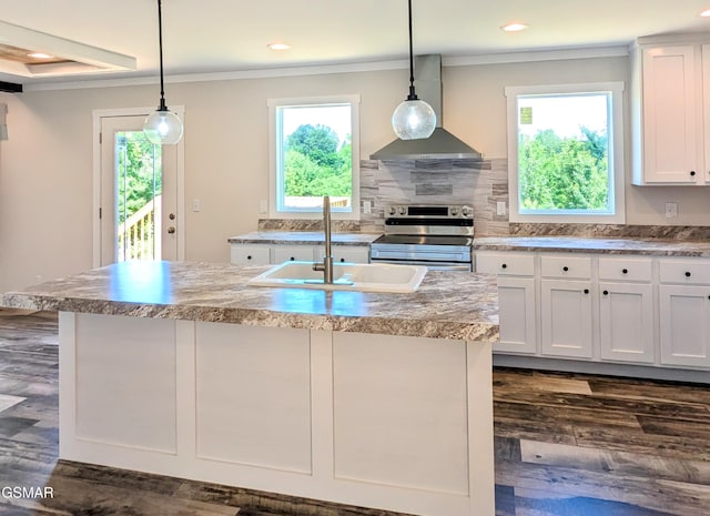141 Hill Loop, Madisonville, TN 37354 - kitchen featuring stainless steel range with electric cooktop, wall chimney exhaust hood, dark wood-style flooring, white cabinets, and crown molding
