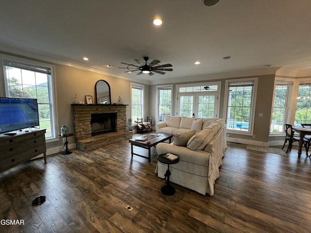 living room featuring a wealth of natural light, dark wood finished floors, crown molding, and a stone fireplace