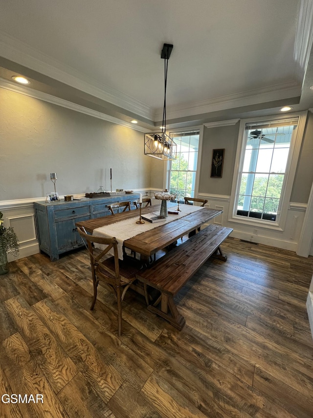 dining space with a wainscoted wall, a tray ceiling, dark wood-type flooring, and ornamental molding