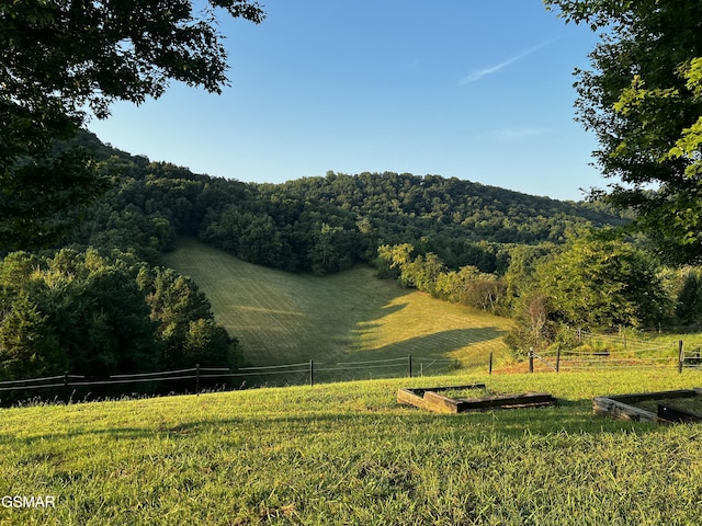 surrounding community featuring a rural view, a yard, a view of trees, and fence