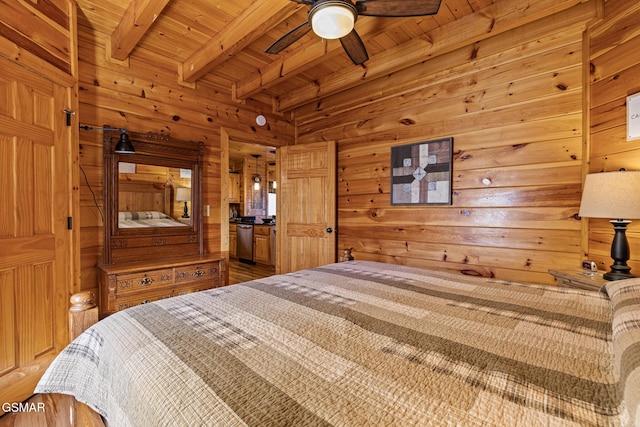 bedroom featuring beam ceiling, wooden walls, wooden ceiling, and ceiling fan