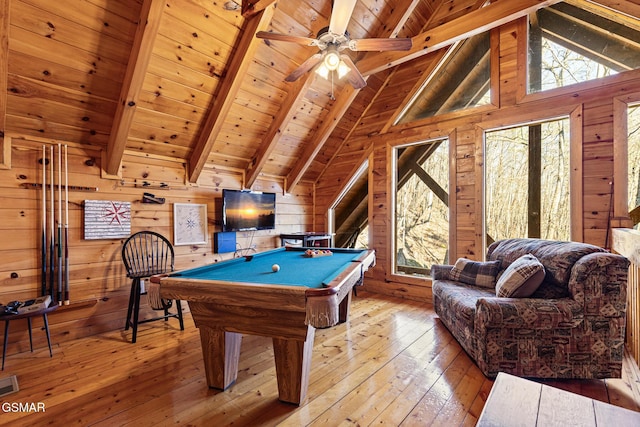 recreation room featuring lofted ceiling with beams, wooden walls, light hardwood / wood-style floors, and wooden ceiling