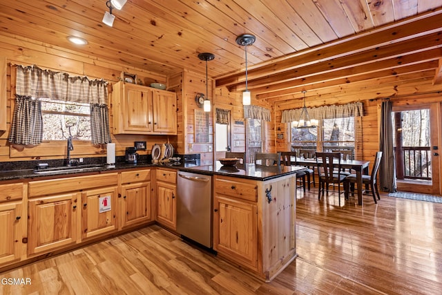 kitchen with wooden ceiling, stainless steel dishwasher, wooden walls, pendant lighting, and light hardwood / wood-style floors