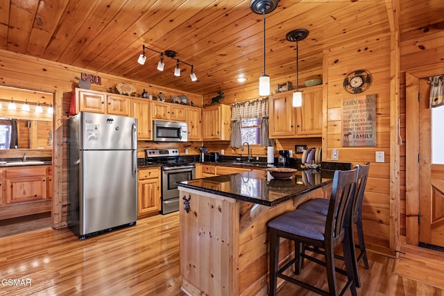 kitchen featuring sink, rail lighting, hanging light fixtures, stainless steel appliances, and light wood-type flooring