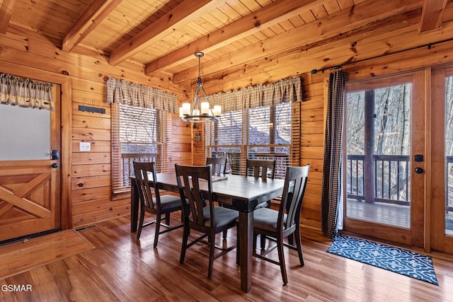 dining area with wood walls, a chandelier, hardwood / wood-style flooring, wooden ceiling, and beam ceiling