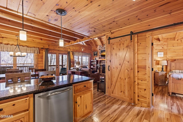 kitchen featuring pendant lighting, wooden walls, wooden ceiling, stainless steel dishwasher, and a barn door