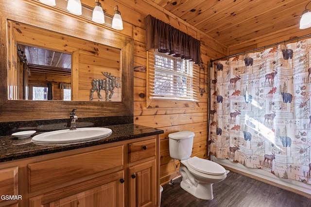 full bathroom with toilet, wood-type flooring, wooden ceiling, and wood walls