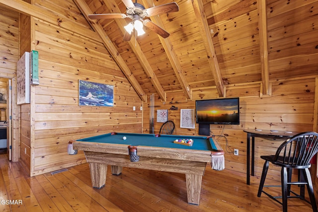 recreation room with wood-type flooring, vaulted ceiling with beams, wooden ceiling, and wood walls