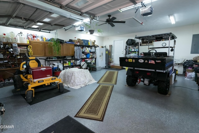 garage with white refrigerator with ice dispenser, electric panel, and a garage door opener