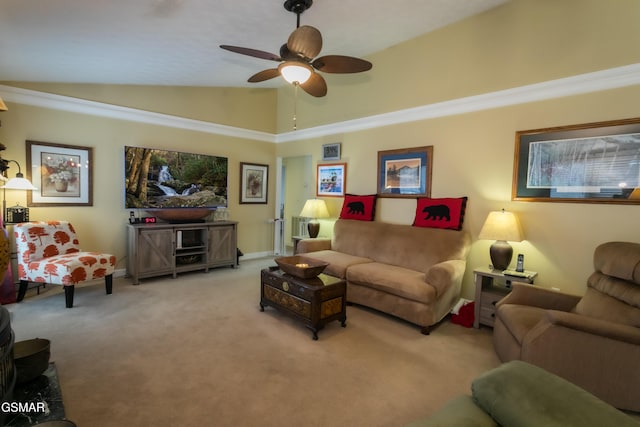 living area with lofted ceiling, carpet flooring, and a ceiling fan