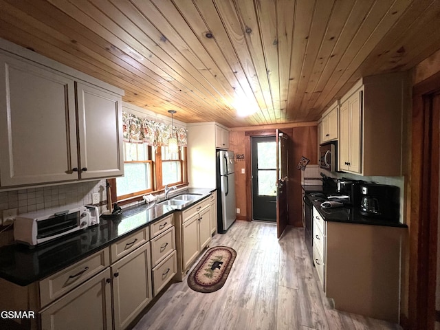 222 Poplar Ln, Gatlinburg, TN 37738 - kitchen featuring appliances with stainless steel finishes, dark countertops, backsplash, wood ceiling, and light wood-type flooring