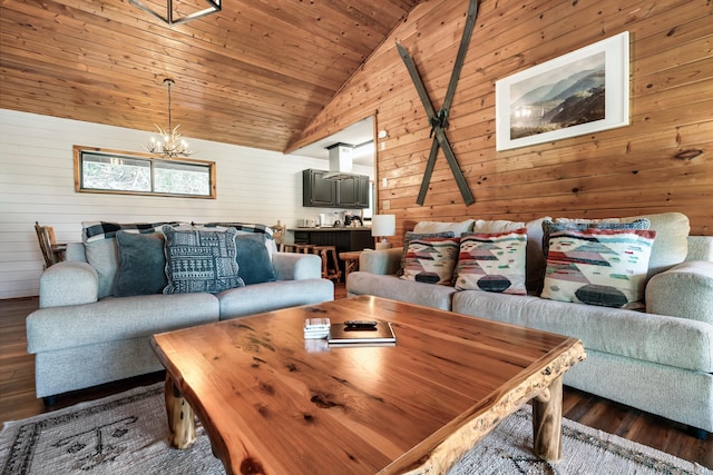 living room with a chandelier, wood walls, dark wood finished floors, and wood ceiling