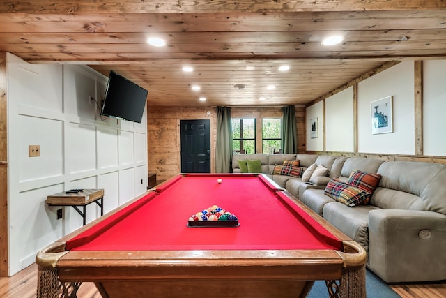 game room with wooden ceiling, wood finished floors, and recessed lighting