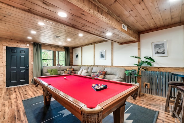 game room featuring billiards, visible vents, wooden ceiling, light wood-style floors, and recessed lighting