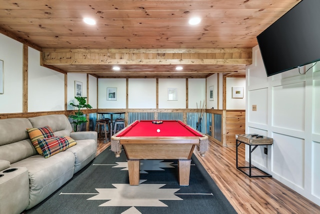 game room with recessed lighting, wooden ceiling, pool table, and wood finished floors