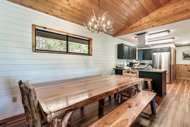 dining room with visible vents, lofted ceiling, wood ceiling, wood finished floors, and an inviting chandelier