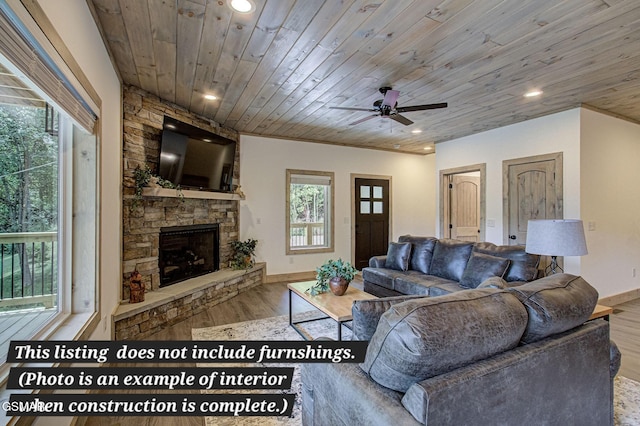 living room featuring a fireplace, wooden ceiling, wood finished floors, and recessed lighting